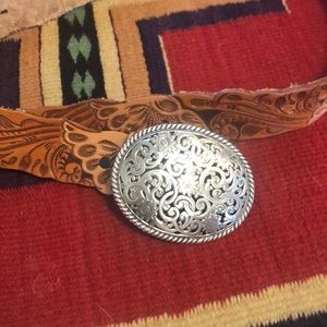 Tooled Leather Belt with Concho Buckle